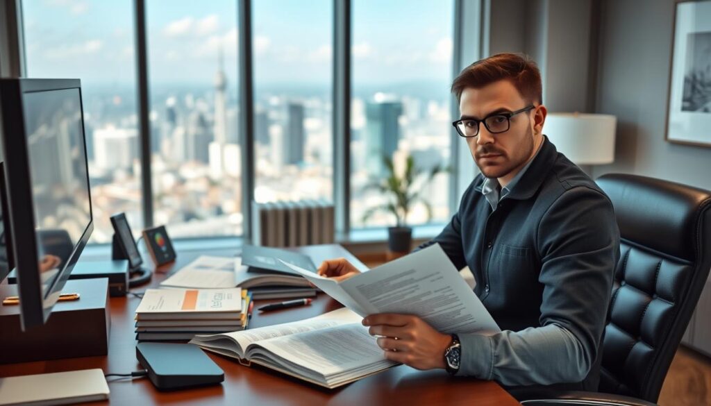 A professional, high-quality image of a "legendary marketer confidence challenge review" with a focus on skills development and learning. The image depicts a serene, well-lit office setting with a large desk, a powerful computer, and various office supplies. In the foreground, a confident and determined man sits at the desk, intently studying materials related to the Legendary Marketer Confidence Challenge. The middle ground showcases training materials, including books, reports, and digital devices, suggesting the breadth of knowledge and skills to be acquired. The background features a large window overlooking a bustling city, symbolizing the potential for growth and success. The overall mood is one of focused determination and a sense of empowerment, reflecting the transformative nature of the Confidence Challenge.
